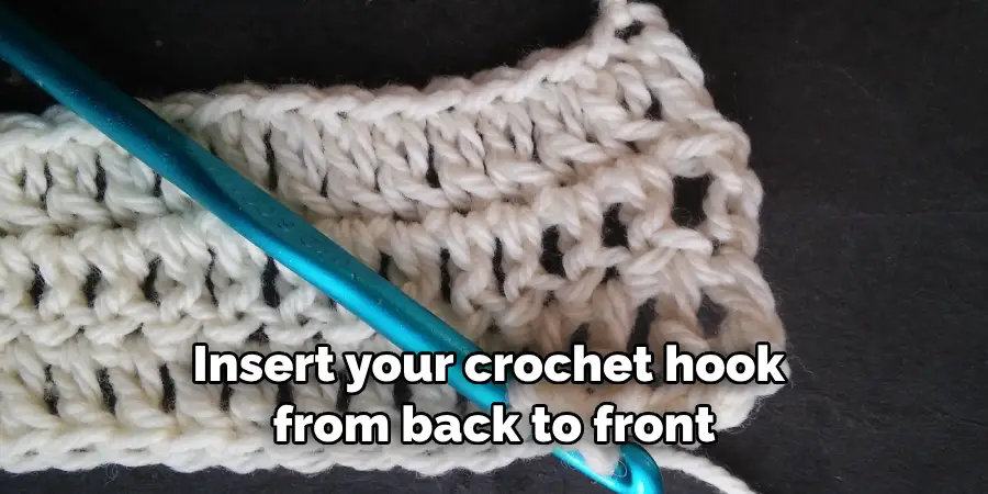 Insert your crochet hook from back to front